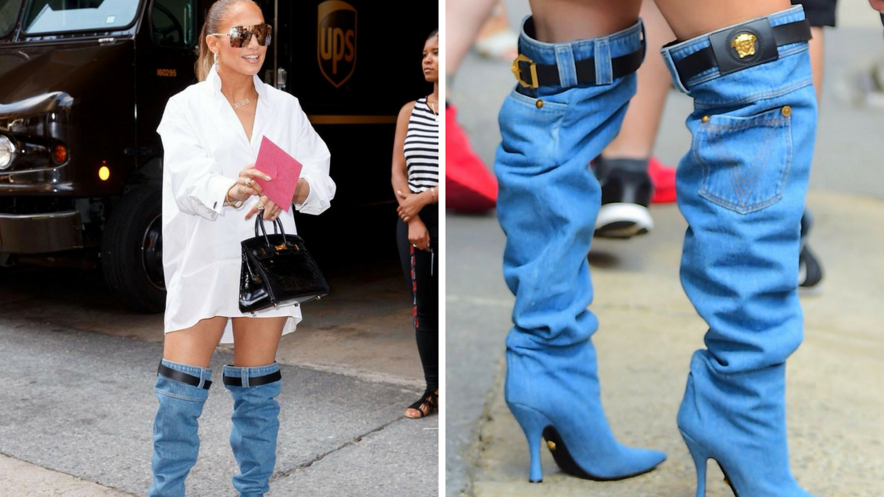 Обувь недели. J Lo прошлась по Нью-Йорку в сапогах-джинсах Versace