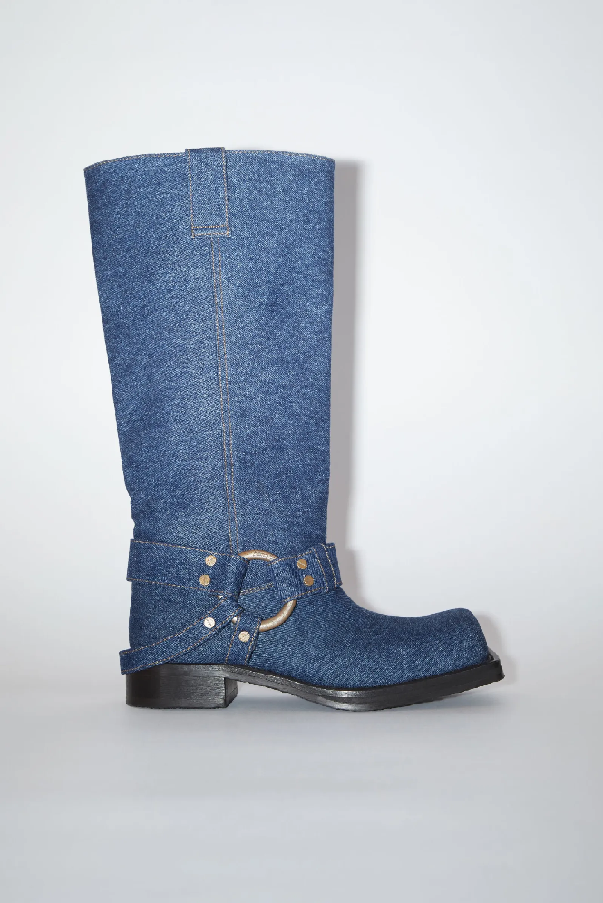 Acne Studios, denim biker boots, $1150