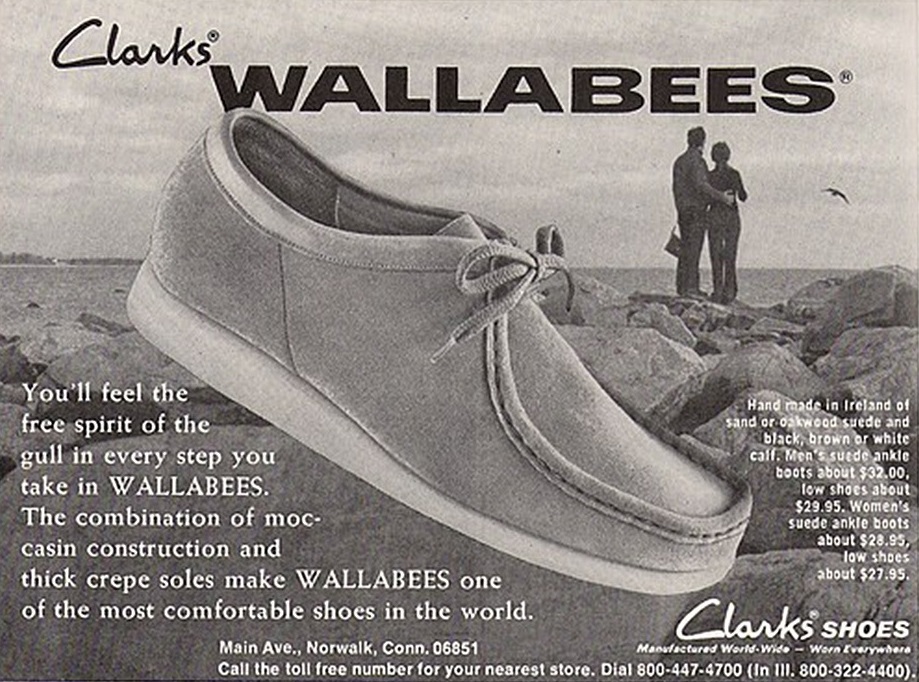 Annuncio di scarpe originali Clarks Wallabees degli anni '1970