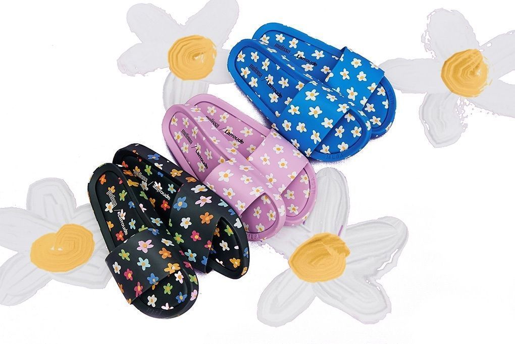 Floral flip flops featured in Melissa x Larroudé collaboration